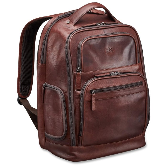 brown leather backpack from Mancini’s Buffalo collection